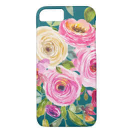 Funda Para iPhone 8/7 Rosas acuarelas en rosa y crema en Verde azulado