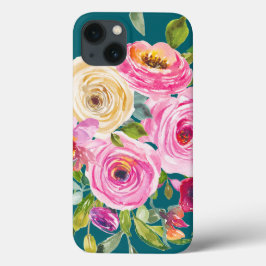 Funda Para iPhone 13 Rosas acuarelas en rosa y crema en Verde azulado