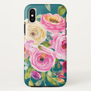 Funda Para iPhone XS Rosas acuarelas en rosa y crema en Verde azulado