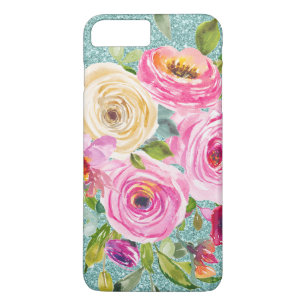 Funda Para iPhone 8 Plus/7 Plus Rosas acuáticos en el Purpurina de Aqua rosa y Cr