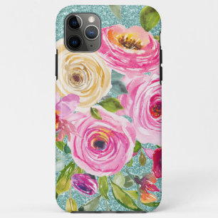 Funda Para iPhone 11 Pro Max Rosas acuáticos en el Purpurina de Aqua rosa y Cre