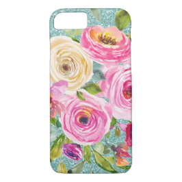 Funda Para iPhone 8/7 Rosas acuáticos en el Purpurina de Aqua rosa y Cre