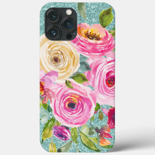 Funda Para iPhone 13 Pro Max Rosas acuáticos en el Purpurina de Cream Aqua