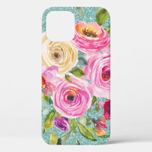 Funda Para iPhone 12 Pro Rosas acuáticos en el Purpurina de Cream Aqua