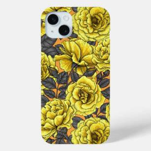 Funda Para iPhone 15 Mini Rosas amarillas con hojas grises en naranja