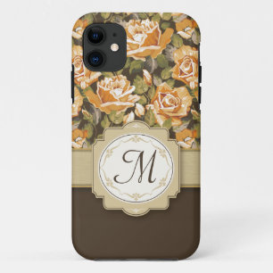 Funda Para iPhone 11 Rosas amarillos del oro en Brown con el monograma