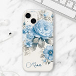 Funda Para iPhone 14 De Case-Mate Rosas artísticos personalizados de color azul past<br><div class="desc">Personalizar este bonito diseño con su nombre o monograma. Cuenta con rosas azul polvoriento pálido,  flores silvestres y flores de hidraangea con un follaje de sabio pastel claro sobre fondo de concha de huevo.</div>