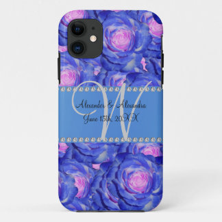 Funda Para iPhone 11 rosas azul monograma del boda