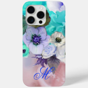 FUNDA PARA iPhone 15 PRO MAX ROSAS AZUL TEAL Y FLORES DE ANÉMONA BLANCAS MONOGR