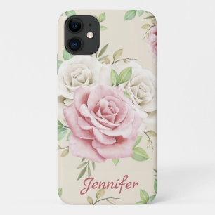 Funda Para iPhone 11 Rosas Blancas Elegantes Rosas Rosadas Hojas Verdes