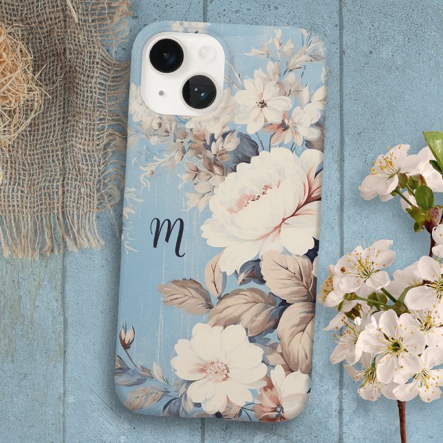 Funda De Case-Mate Para iPhone Rosas blancas en fondo azul rústico con monograma (Subido por el creador)