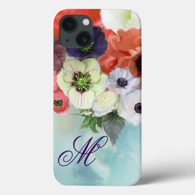 FUNDA DE Case-Mate PARA iPhone ROSAS BLANCAS ROJAS, ANEMONA AZUL FLORECE MONOGRAM (Reverso)