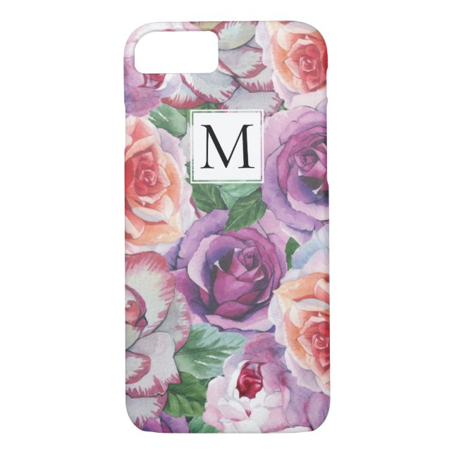 Funda De Case-Mate Para iPhone Rosas de acuarela y floral monogramo (Reverso)