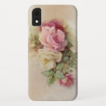 Funda Para iPhone XR Rosas de estilo pintado a mano de época<br><div class="desc">Hermosas rosas blancas y rosadas pintadas a mano floreciendo en un fondo artesanal neutro.</div>