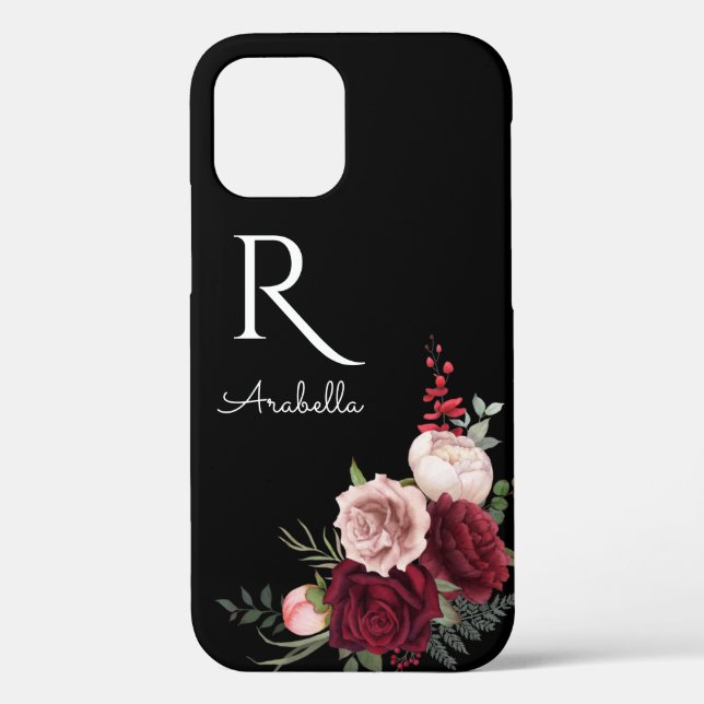 Funda De Case-Mate Para iPhone Rosas de Rubor rojos monogramados en negro (Reverso )