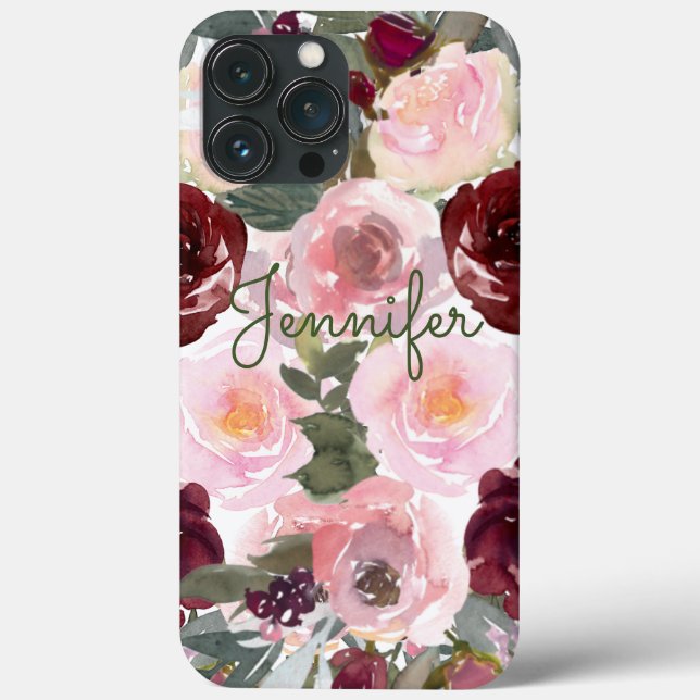 Funda De Case-Mate Para iPhone Rosas Elegantes en Rosa Burdeos Acuarela Personali (Reverso )