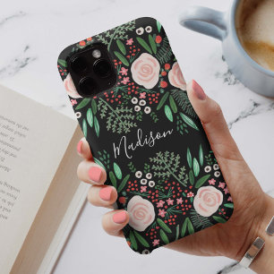 Funda Para iPhone 14 De Case-Mate Rosas florales botánicas de color negro bonito