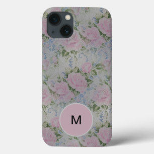 Funda Para iPhone 13 Rosas Florales Rosa Monograma Nombre de cosecha