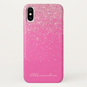 Funda Para iPhone X Rosas fuertes del monograma y chispa del purpurina