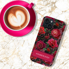 Funda Para iPhone 15 Rosas Glam de mármol con monograma de nombre rosa