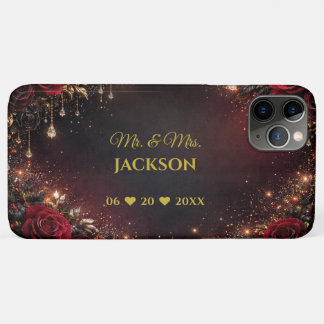 Funda Para iPhone 11 Pro Max Rosas góticas nombre de pareja y fecha de boda