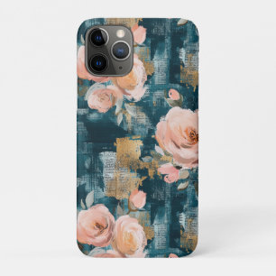 Funda Para iPhone 11 Pro Rosas Melocotón Rosado Floral Maximalista Teal
