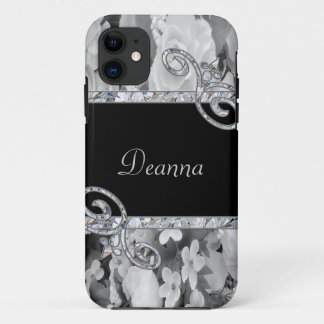 Funda Para iPhone 11 Rosas negros y blancos y monograma de los
