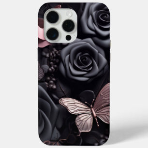 Funda Para iPhone 15 Pro Max rosas negros y mariposa 3D