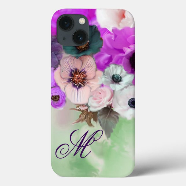 Funda De Case-Mate Para iPhone Rosas PURPLE ROSA, ANEMONA BLANCA FLORES MONOGRAMA (Reverso)