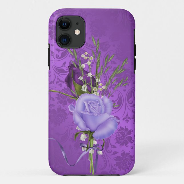 Funda De Case-Mate Para iPhone rosas púrpuras sobre damasco (Reverso)
