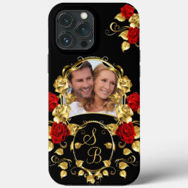 Funda Para iPhone 13 Pro Max Rosas Rojas Elegantes Monograma Dorado Negro Foto
