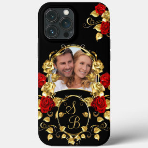 Funda Para iPhone 13 Pro Max Rosas Rojas Elegantes Monograma Dorado Negro Foto