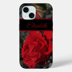 Funda Para iPhone 15 rosas rojas florecen pergamino sobre gris oscuro 