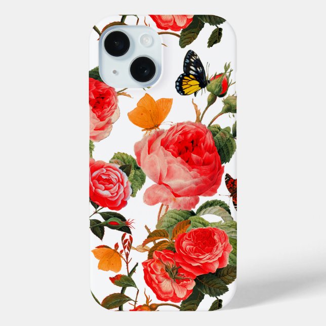 Funda De Case-Mate Para iPhone ROSAS ROJAS,MARIPOSAS AMARILLAS Florales blancas (Reverso )