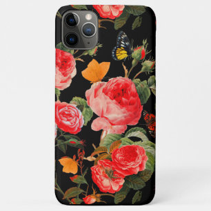 Funda Para iPhone 11 Pro Max ROSAS ROJAS,MARIPOSAS AMARILLAS Flores Negras