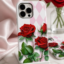 Funda Para iPhone 14 Pro Max De Case-Mate Rosas rojas y patrón de diamantes rosados y blanco