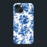 Funda Para iPhone 13 Mini Rosas románticos de la época antigua - azul sobre<br><div class="desc">Elegantes y clásicas rosas de época Delft azules sobre fondo blanco.</div>