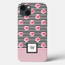 Funda Para iPhone 13 Rosas rosas rosas en franjas blancas y negras con