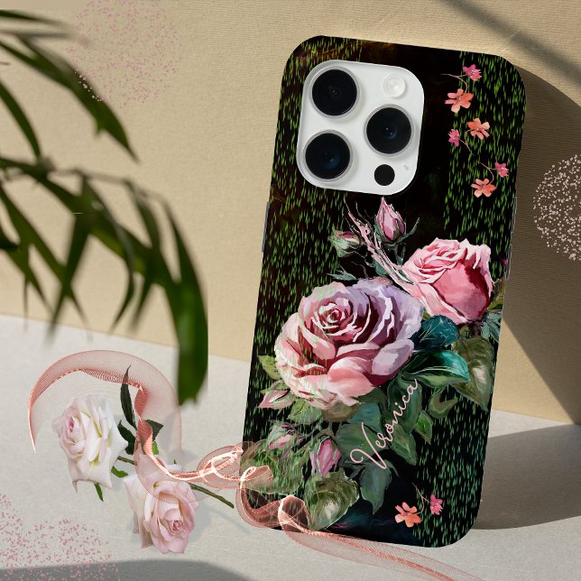 Funda De Case-Mate Para iPhone Rosas rosas rosas negras (Pink Roses on black Case-Mate iPhone Case)