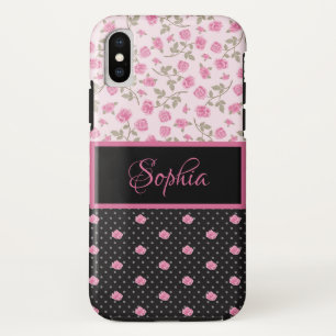 Funda Para iPhone XS Rosas rosas rosas, puntos de polka blanco en monog