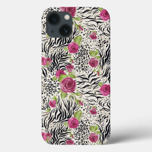 Funda Para iPhone 13 Rosas Sobre Patrón Animal