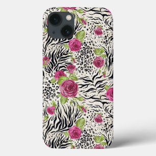 Funda Para iPhone 13 Rosas Sobre Patrón Animal