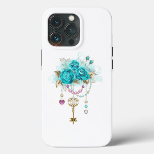 Funda Para iPhone 13 Pro Rosas turquesas con llaves