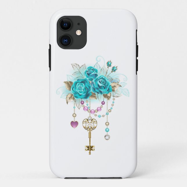 Funda De Case-Mate Para iPhone Rosas turquesas con llaves (Reverso)