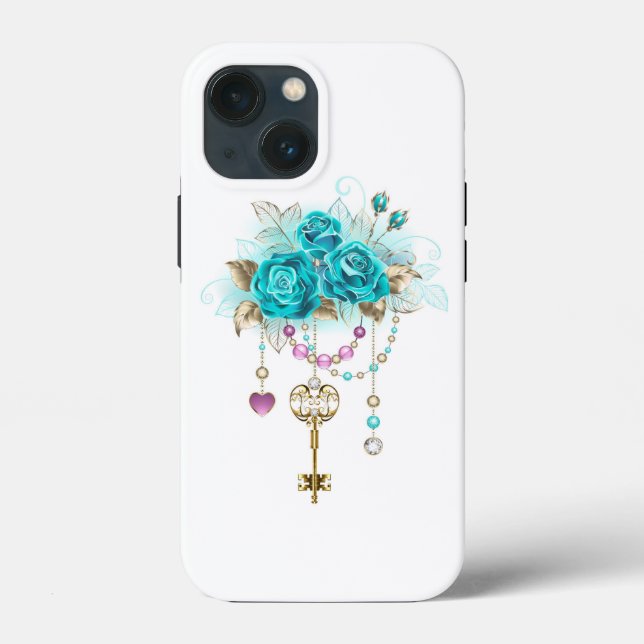 Funda De Case-Mate Para iPhone Rosas turquesas con llaves (Reverso )