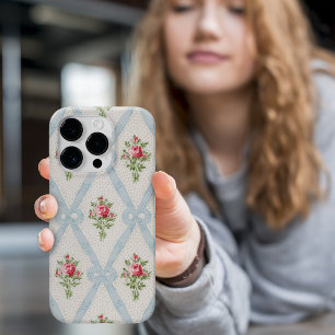 Funda Para iPhone 12 Rosas victorianos rosados con Entramado Azul