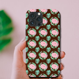Funda Para iPhone 13 Pro Max Rosas Vintage Marrones, Patrón de Monstera y Pluma