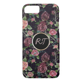 Funda Para iPhone 8/7 Roses rosas color agua, hojas verdes monogramo