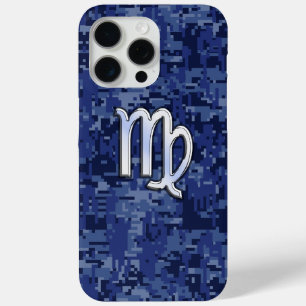 Funda Para iPhone 15 Pro Max Rótulo Virgo Zodiac en camo digital azul marino