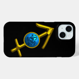 Funda Para iPhone 15 RÓTULO ZODIAC ORO SAGITTARIO, azul turquesa, negro